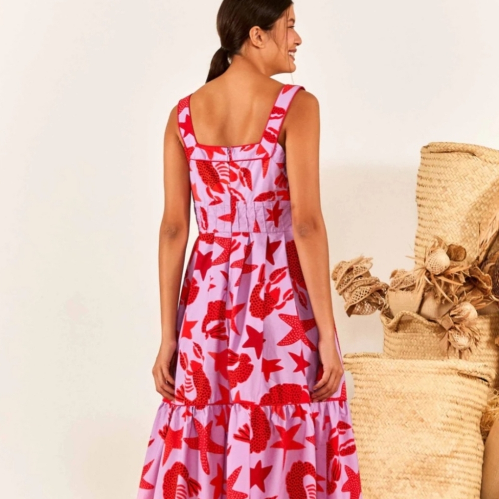 Farm Rio Lobster Midi Dress NWT Red and Pink Print Women's Dress XS - Picture 5 of 5